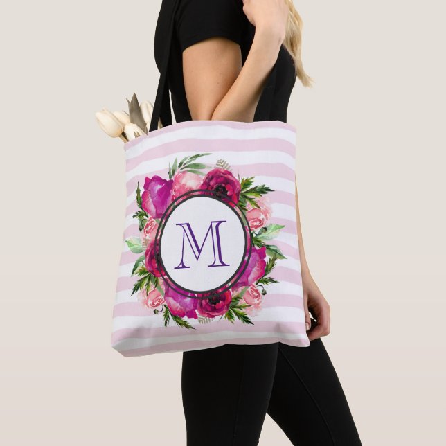 Pink Rose & Poppy Floral Bouquet Monogram Tote Bag (Close Up)