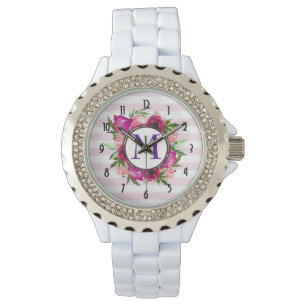 Pink Rose & Poppy Floral Bouquet Monogram Watch
