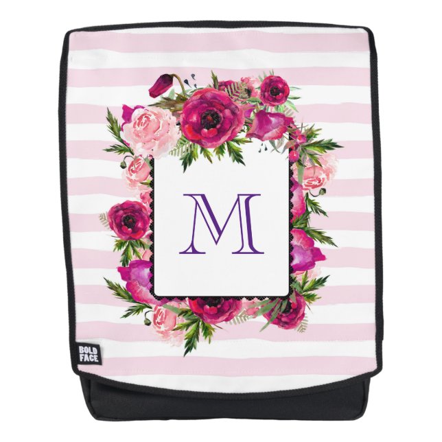 Pink Rose & Poppy Floral Bouquet on Pink Stripes Backpack (Front)