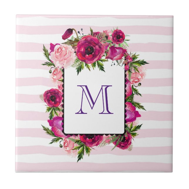Pink Rose & Poppy Floral Bouquet on Pink Stripes Ceramic Tile (Front)