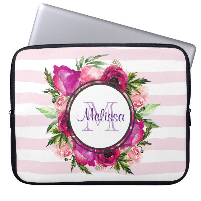Pink Rose & Poppy Floral Bouquet on Pink Stripes Laptop Sleeve (Front)