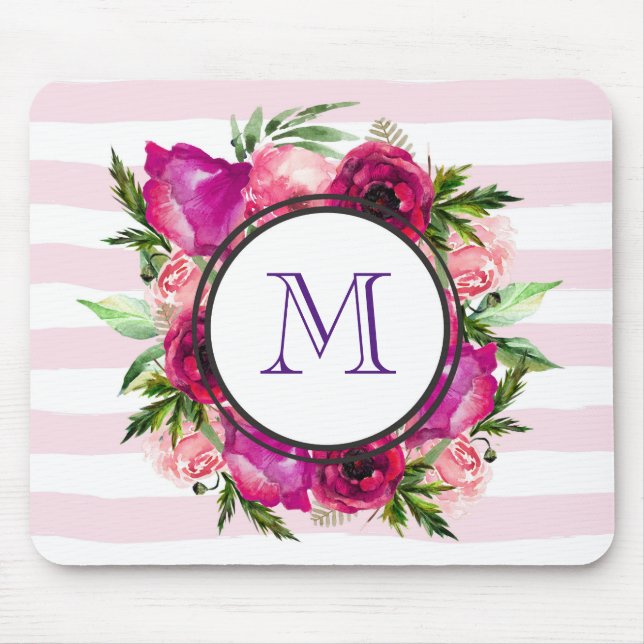 Pink Rose & Poppy Floral Bouquet on Pink Stripes Mouse Pad (Front)