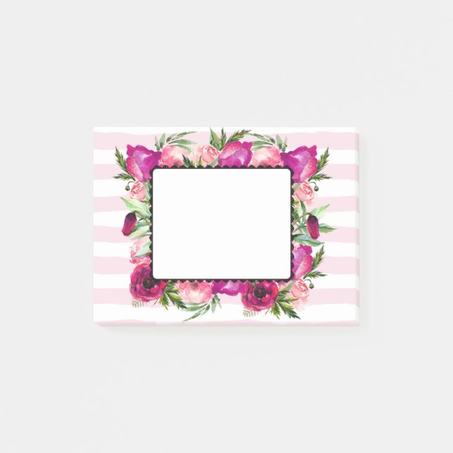 Pink Rose & Poppy Floral Bouquet on Pink Stripes Post-it Notes (Front)