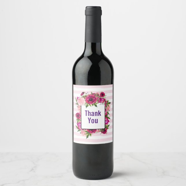 Pink Rose & Poppy Floral Bouquet  Thank You Wine Label (Front)