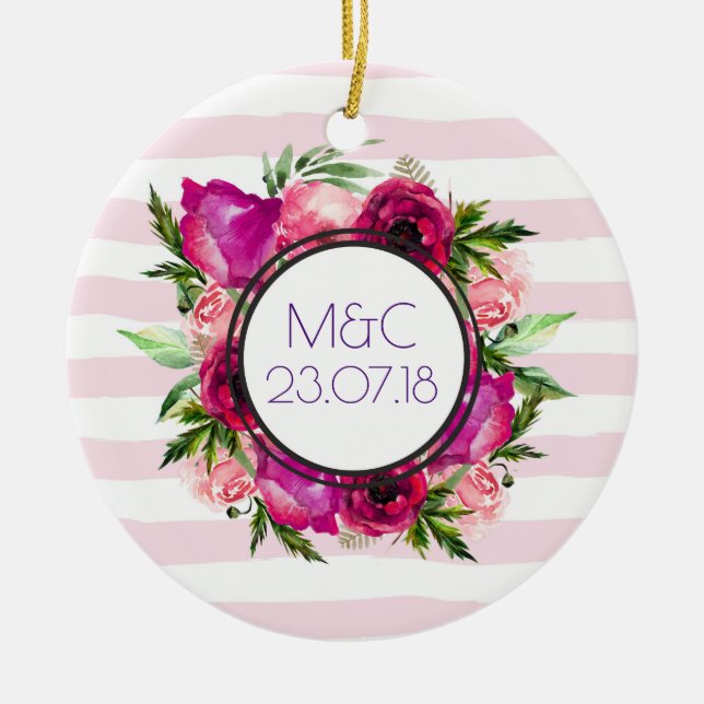 Pink Rose & Poppy Floral Bouquet Wedding Ceramic Ornament (Front)