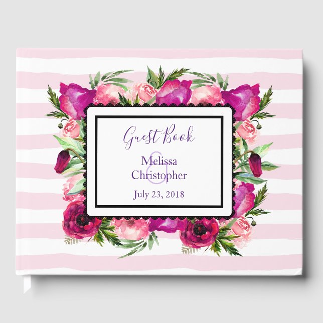 Pink Rose & Poppy Floral Bouquet Wedding Guest Book (Front)