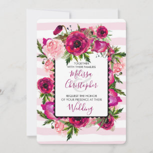 Pink Rose & Poppy Floral Bouquet Wedding Invitation