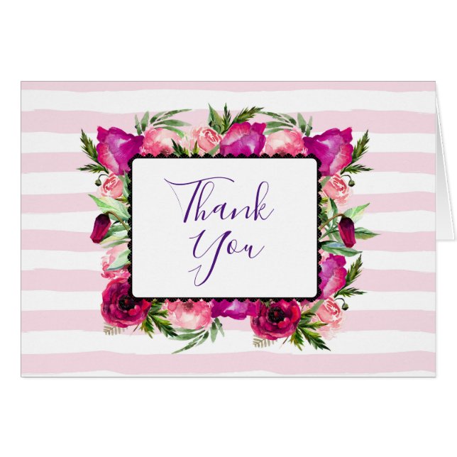 Pink Rose & Poppy Floral Bouquet Wedding Thanks (Front Horizontal)