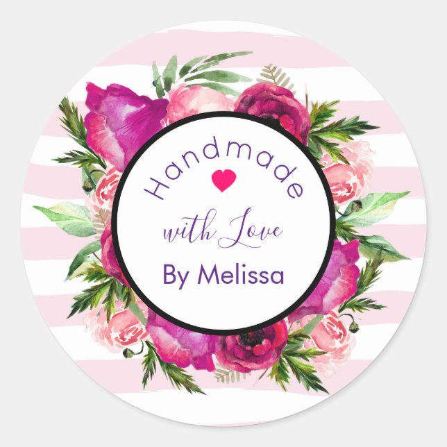 Pink Rose & Poppy Floral Design Handmade with Love Classic Round Sticker (Front)