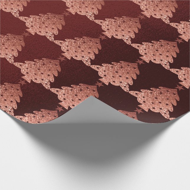 Pink Rose Powder Gold Burgundy Christmas Tree Wrapping Paper (Corner)