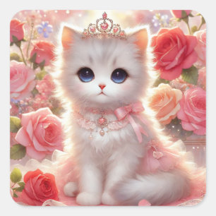 Pink Rose Princess Cat Square Sticker