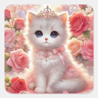 Pink Rose Princess Cat Square Sticker