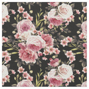 Pink Rose Profusion - Black Background Fabric