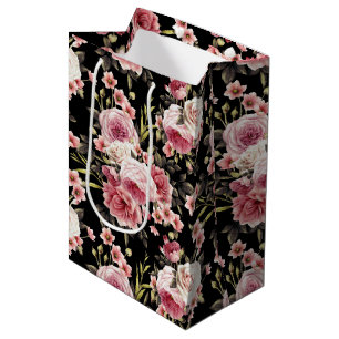 Pink Rose Profusion - Black Background Medium Gift Bag