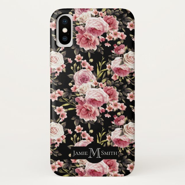Pink Rose Profusion Monogram - Black Background Case-Mate iPhone Case (Back)