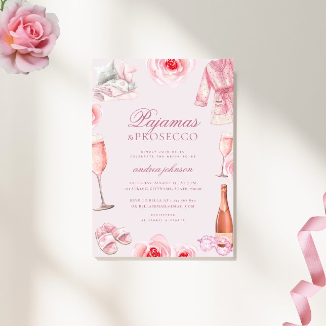 Pink Rose Pyjamas & Prosecco Pj's Bridal Shower Invitation (Creator Uploaded)
