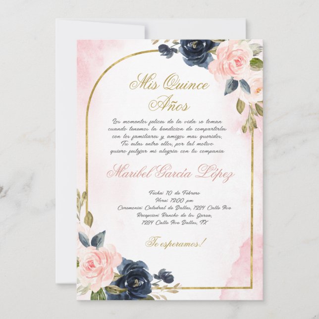 Pink Rose Quinceanera invitation in Spanish (Front)