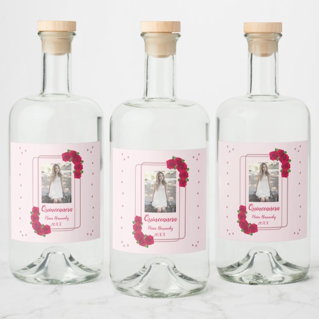 Pink Rose Quinceañera Liquor Bottle Label (Bottles)