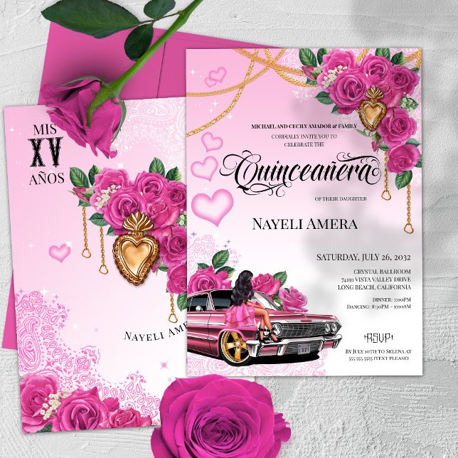 Pink Rose Quinceanera Pink Lowrider Chola Chicana  Invitation (Creator Uploaded)