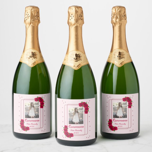 Pink Rose Quinceañera Sparkling Wine Label (Bottles)