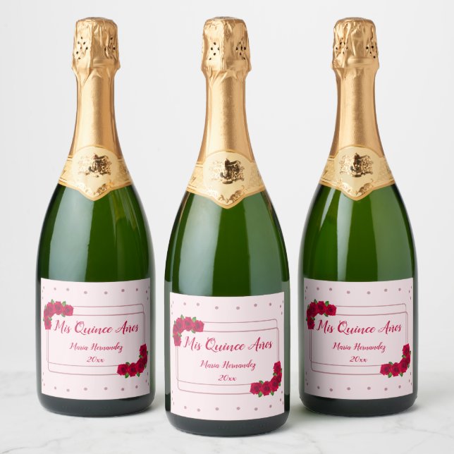 Pink Rose Quinceañera Sparkling Wine Label (Bottles)