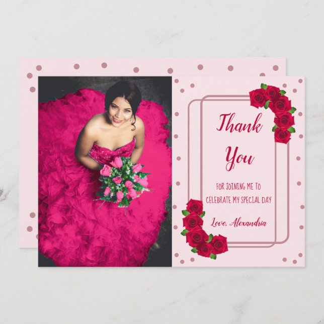 Pink Rose Quinceañera Thank You Card (Front/Back)