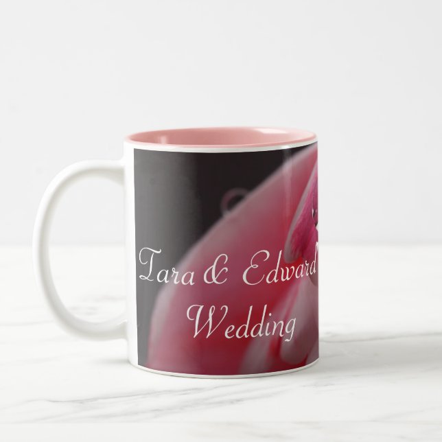 Pink Rose Raindrop Wedding Two-Tone Coffee Mug (Left)