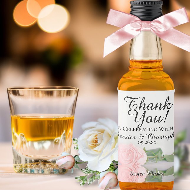 Pink Rose Reflections Wedding Thank You Mini Liquor Bottle Label (In Situ with Bow and Flowers)