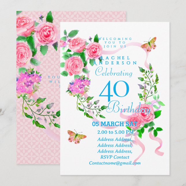 Pink Rose Ribbon 40th  Birthday Invitation (Front/Back)
