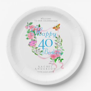 Pink Rose Ribbon 40th Birthday Paper Plate