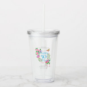 Pink Rose Ribbon 50th Birthday Acrylic Tumbler