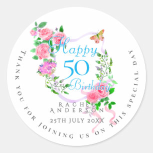 Pink Rose Ribbon 50th Birthday Classic Round Sticker