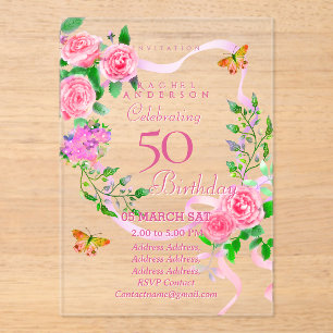 Pink Rose Ribbon 50th Birthday Invitation