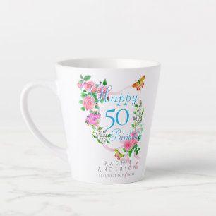 Pink Rose Ribbon 50th  Birthday Latte Mug