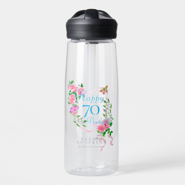 Pink Rose Ribbon 70th Birthday Water Bottle (Front)
