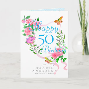 Pink Rose Ribbon Birthday Holiday Card