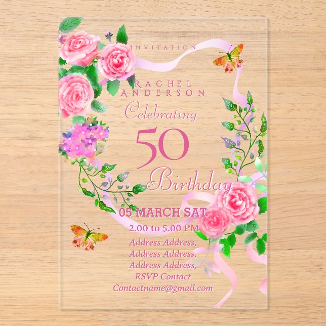 Pink Rose Ribbon Birthday Invitation (Front)