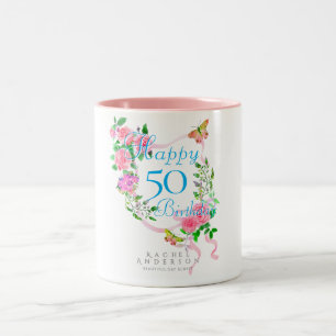 Pink Rose Ribbon Birthday Two-Tone Coffee Mug