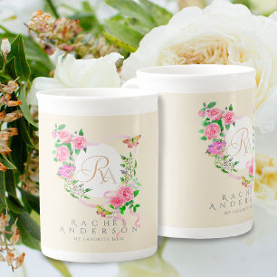 Pink Rose Ribbon Chic Monogram Beige Bone China Mug