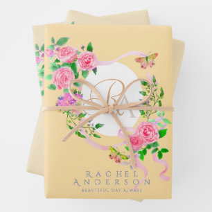 Pink Rose Ribbon Chic Monogram Beige Wrapping Paper Sheet