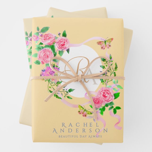 Pink Rose Ribbon Chic Monogram Beige Wrapping Paper Sheet (In situ)