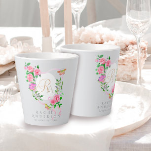 Pink Rose Ribbon Chic Monogram Grey Latte Mug