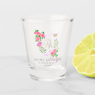 Pink Rose Ribbon Chic Monogram  Shot Glass