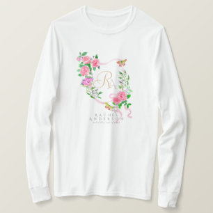 Pink Rose Ribbon Chic Monogram White T-Shirt