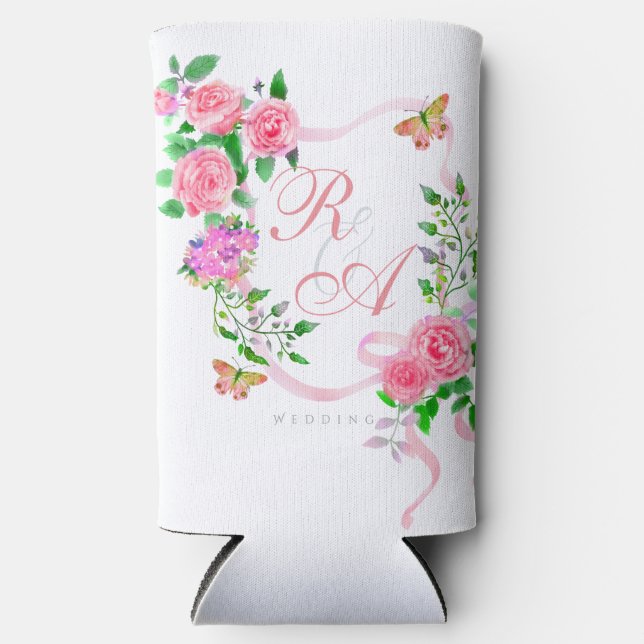 Pink Rose Ribbon Monogram Can Cooler (Front)