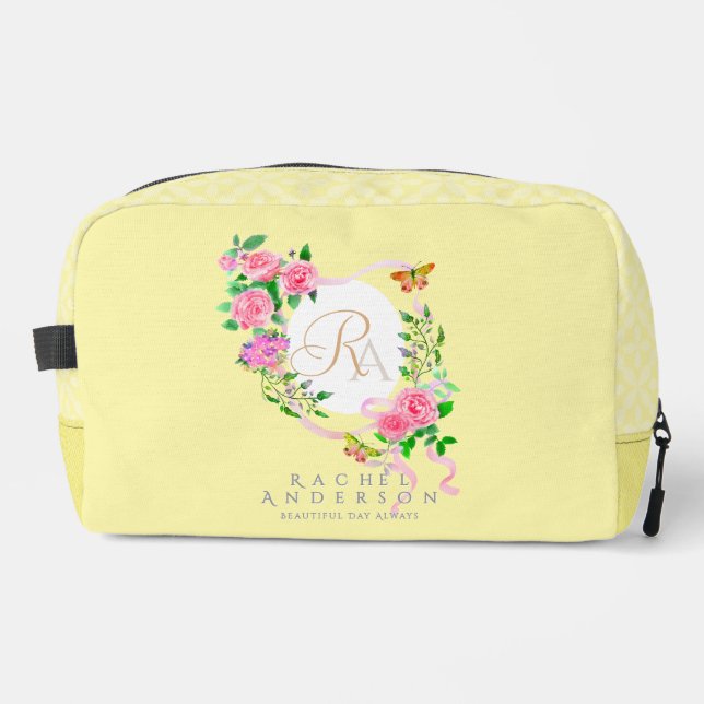 Pink Rose Ribbon Monogram Cream Print Cut Sew Bag (Front)