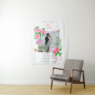 Pink Rose Ribbon Monogram Photo Wedding Tapestry