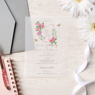 Pink Rose Ribbon Monogram Wedding Invitation