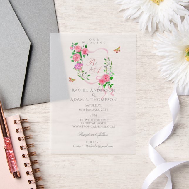Pink Rose Ribbon Monogram Wedding  Invitation (Wedding)