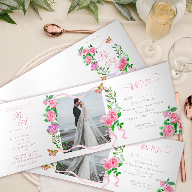 Pink Rose Ribbon Monogram Wedding Invitation (Elegant Rose Ribbon Monogram Photo Invitation Card.)